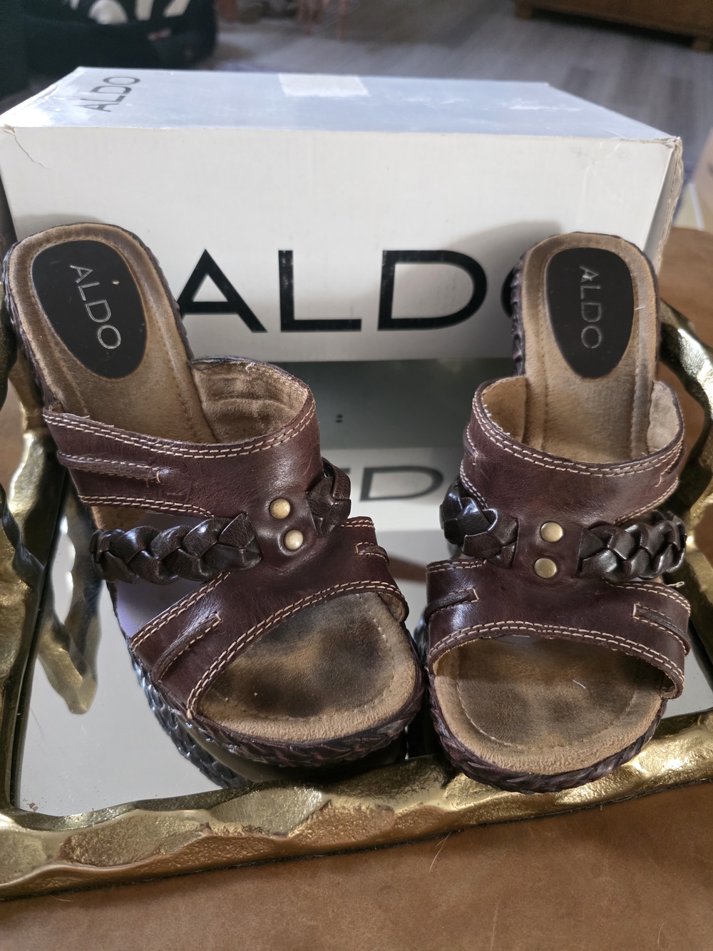 ALDO Women's Dark Brown Braided Leather Slide Mules